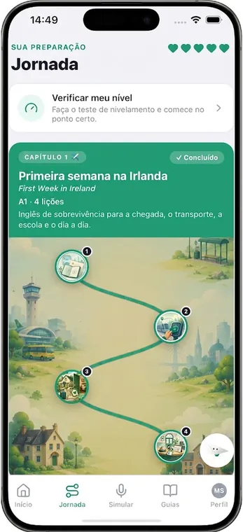 The Departi Journey screen, showing the chapter “First Week in Ireland”