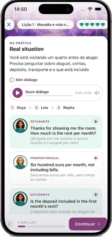 A Departi lesson: viewing a room before renting, with the English dialogue and its translation