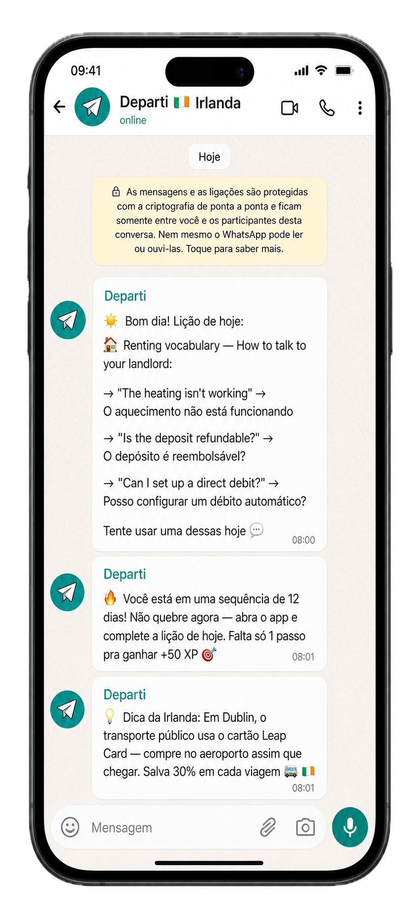 WhatsApp do Departi numa tela de iPhone mostrando a lição do dia